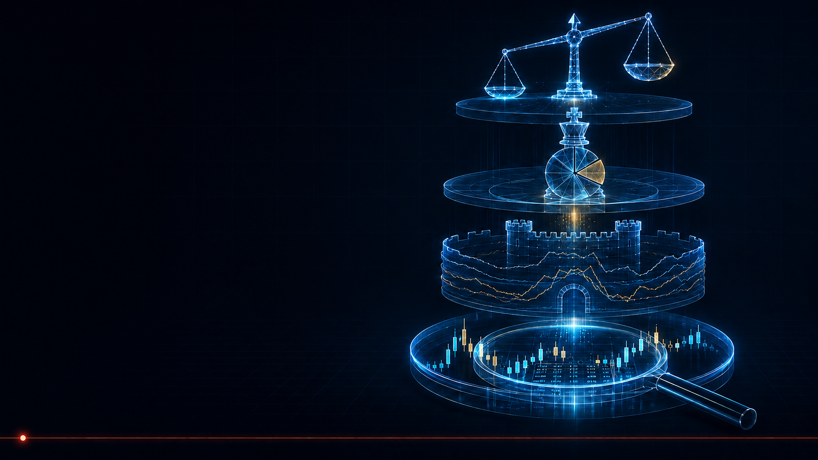 Four translucent value-investing data filters: magnifying glass, fortress, chess king, and balance scale